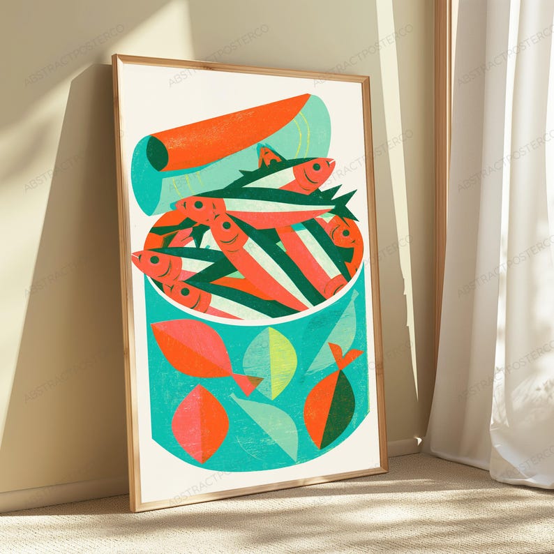 Retro popkonsttryck med fiskburk | Färgglad fiskematkonst | Väggdekoration i köket | Digital nedladdning A3 A2 A1 bild 5