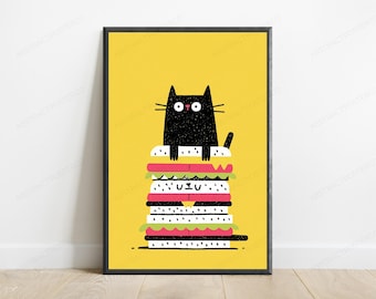 Black Cat on Sandwich Stack Pop Art Print | Funny Minimalist Wall Art | Cute Feline Home Decor | Digital Download A3 A2 A1