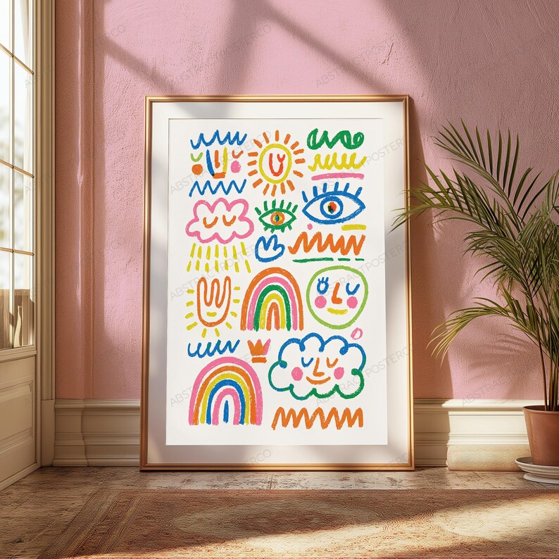 May include: A framed wall art print featuring a white background with colourful hand-drawn illustrations including a sun, rainbows, clouds, eyes, a face, and various wavy lines in shades of blue, green, yellow, orange, pink, and red.