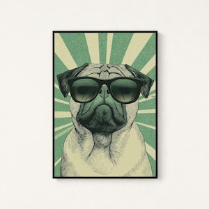 May include: A framed wall art print featuring a detailed illustration of a pug dog wearing black sunglasses. The pug is centered against a background of radiating light green and cream-colored sunburst lines, creating a graphic visual effect.