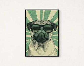 Cool Pug Sunglasses Print | Retro Pop Art Portrait | Minimalist Animal Wall Art | Digital Download A3 A2 A1