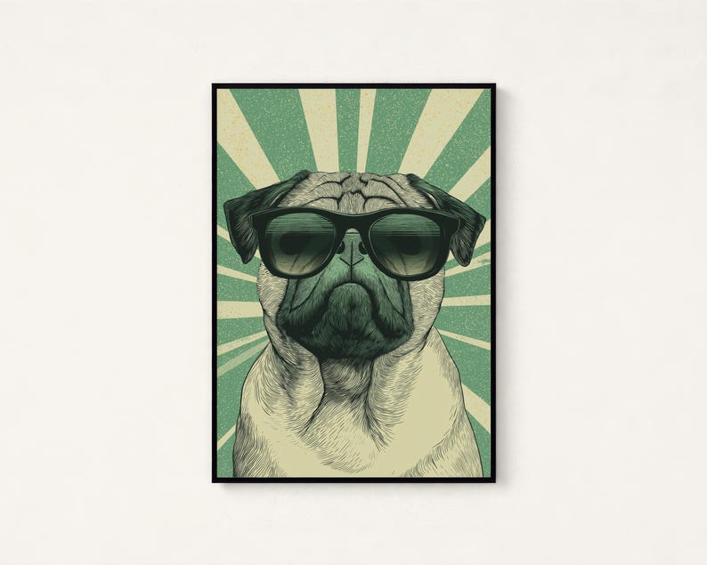 May include: A framed wall art print featuring a detailed illustration of a pug dog wearing black sunglasses. The pug is centered against a background of radiating light green and cream-colored sunburst lines, creating a graphic visual effect.