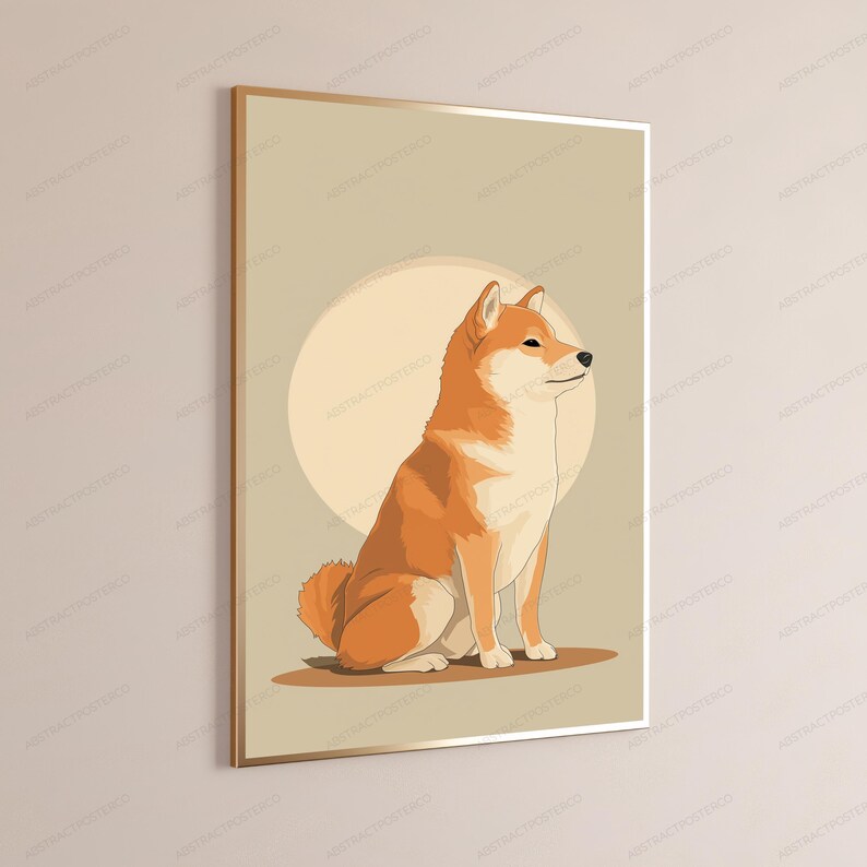 May include: A framed wall art print featuring a stylized illustration of a tan and white Shiba Inu dog sitting in profile. The dog is positioned in front of a large, pale circular shape against a solid light beige background within a thin gold frame.