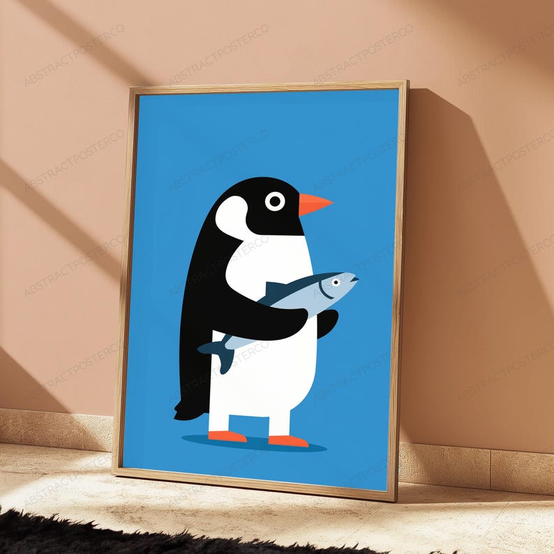 Penguin with Fish Pop Art Print | Minimalist Bird Wall Art | Fun Coastal Decor 画像 5