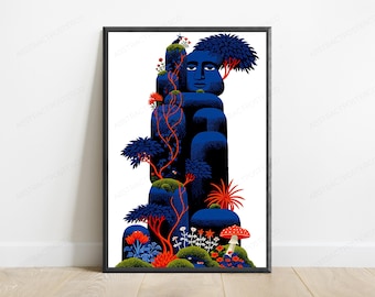 Blue Forest Head Portrait Print | Botanical Surreal Art | Minimalist Wall Decor | Digital Download A3 A2 A1