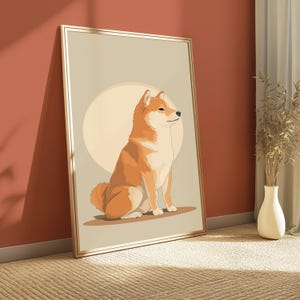Puede incluir: Una impresi&oacute;n de arte mural vertical enmarcada que presenta una ilustraci&oacute;n estilizada de un perro Shiba Inu con pelaje naranja y crema. El perro est&aacute; sentado de perfil sobre un fondo circular grande y p&aacute;lido. El marco es fino y de color met&aacute;lico.