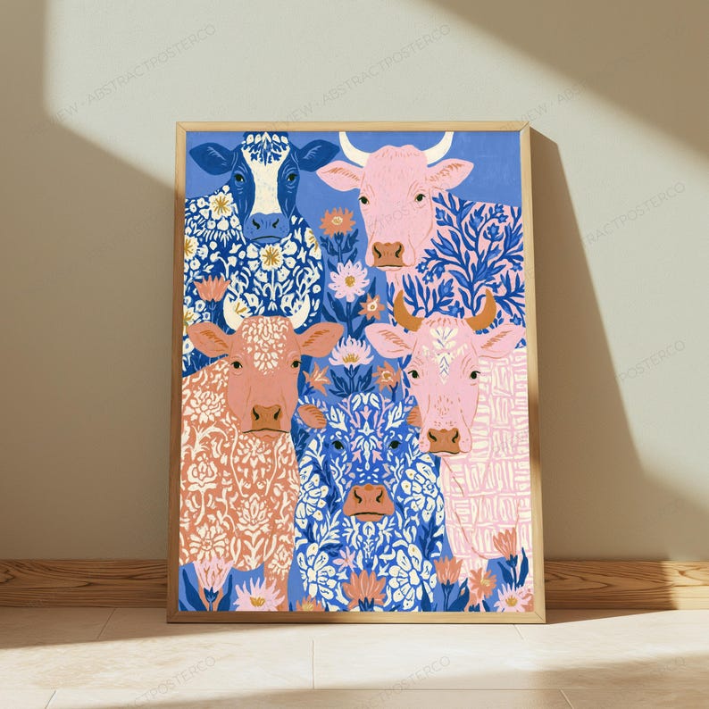 Colourful Cows Botanical Pattern Print | Floral Farm Animals Wall Art | Minimalist Home Decor | Digital Download A3 A2 A1 image 4
