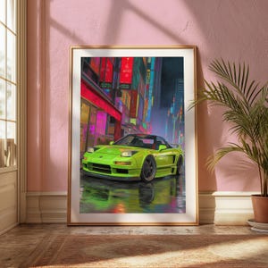 Puede incluir: Una impresi&oacute;n art&iacute;stica enmarcada que muestra un coche deportivo de color verde lima aparcado en una calle urbana mojada por la noche. El fondo presenta una escena urbana vibrante con letreros de ne&oacute;n brillantes en tonos rosa, azul y amarillo.