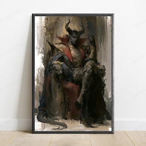 May include: A framed wall art print featuring a dark, painterly illustration of a horned figure with a tail, seated on a throne. The figure wears a high-collared red and gold garment with dark blue accents, rendered in a moody, textured style.