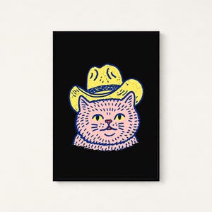 Lámina de arte pop de gato vaquero / Gato occidental con sombrero amarillo / Arte de pared minimalista y original / Descarga digital A3 A2 A1 imagen 1
