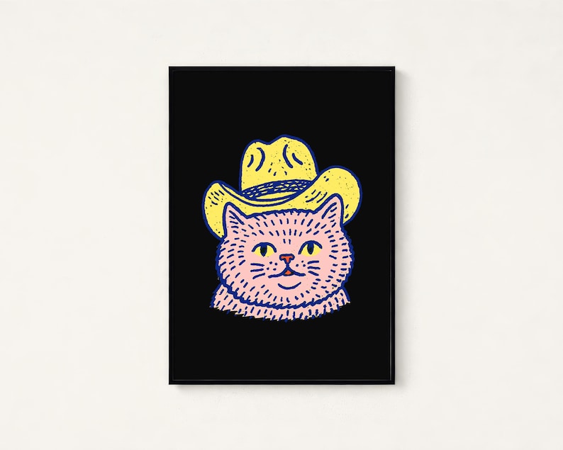 Lámina de arte pop de gato vaquero / Gato occidental con sombrero amarillo / Arte de pared minimalista y original / Descarga digital A3 A2 A1 imagen 1