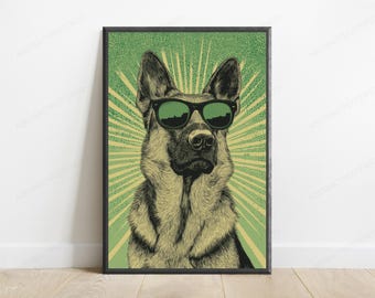 Coole Schäferhund Sonnenbrillen Print | Pop Art Hundeportrait | Retro Wand Dekor | Digitaler Download A3-A2-A1
