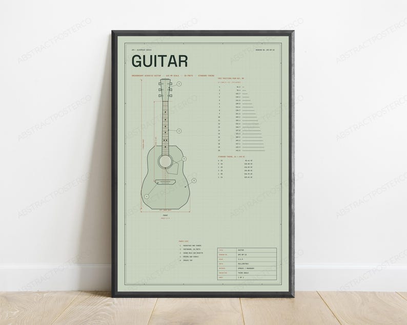 Plano técnico de guitarra acústica Dreadnought / Arte mural de instrumentos musicales / Decoración para el hogar de músicos imagen 1