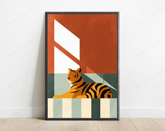 Ruhender Tiger Minimalistischer Kunstdruck | Geometrische Abstrakte Wandkunst | Warme Terrakotta Wohnkultur | Digitaler Download A3-A2-A1