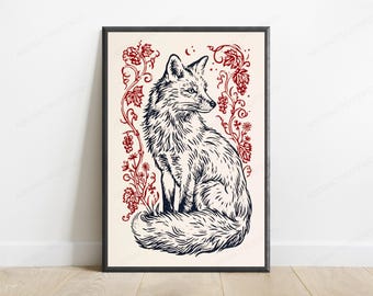 Fox with Berries Line Art Print | Woodland Animal Illustration | Nature Wall Decor | Digital Download A3 A2 A1