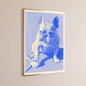 May include: A framed wall art print featuring a blue and white stippled illustration of a French Bulldog sitting on a tennis court. The dog has one paw resting on a tennis ball next to a tennis racket, rendered in a high-contrast blue ink style.