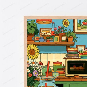 Pode incluir: Uma ilustra&ccedil;&atilde;o emoldurada de um interior de cozinha com uma prateleira de madeira com plantas em vasos, um girassol e v&aacute;rios recipientes. Abaixo, uma bancada cont&eacute;m um micro-ondas, livros empilhados, um frasco com palhinha vermelha e flores.