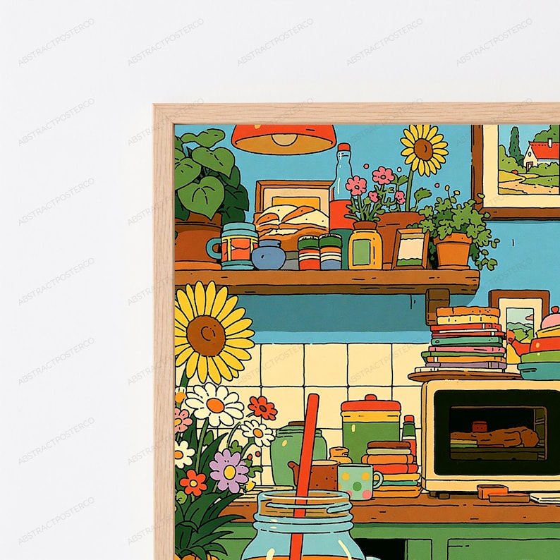 Pode incluir: Uma ilustra&ccedil;&atilde;o emoldurada de um interior de cozinha com uma prateleira de madeira com plantas em vasos, um girassol e v&aacute;rios recipientes. Abaixo, uma bancada cont&eacute;m um micro-ondas, livros empilhados, um frasco com palhinha vermelha e flores.