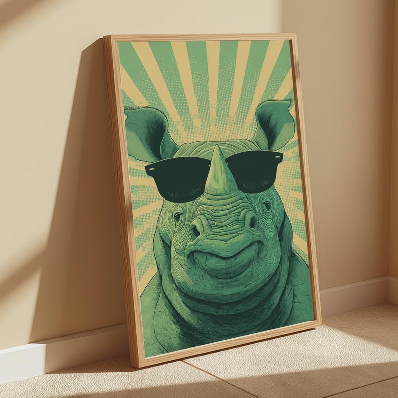 May include: A framed art print featuring a smiling rhino wearing black sunglasses. The rhino is green with detailed skin texture, set against a retro-style background of yellow and green rays. The frame is a light wood color.