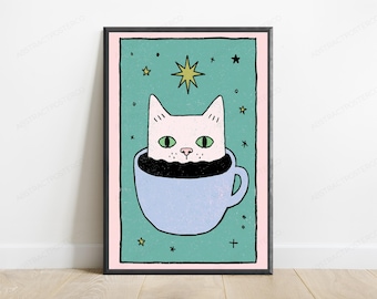 Cat in Coffee Mug Stars Wall Art | Whimsical Cat Print | Minimalist Home Decor | Digital Download A3 A2 A1