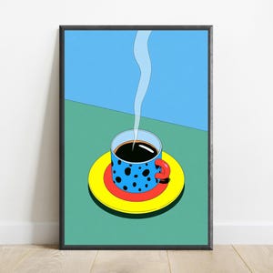 Steaming Coffee Cup Pop Art Print | Colorful Minimalist Kitchen Wall Art | Modern Home Decor | Digital Download A3 A2 A1 image 1