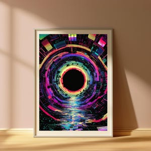 May include: A framed rectangular wall art print featuring a digital abstract composition of concentric circles and geometric patterns in vibrant neon colors including pink, blue, yellow, and purple against a deep black background with a central void.