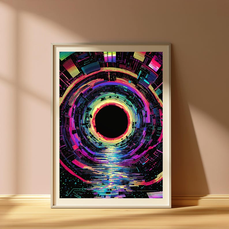 May include: A framed rectangular wall art print featuring a digital abstract composition of concentric circles and geometric patterns in vibrant neon colors including pink, blue, yellow, and purple against a deep black background with a central void.