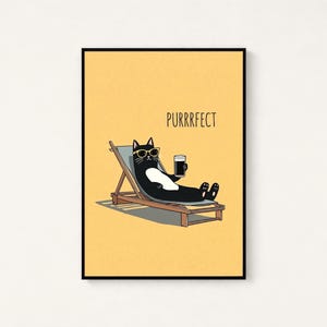 Purrfect Cat Print | Relaxing Beach Chair Wall Art | Funny Cat Minimalist Poster | Digital Download A3 A2 A1 image 1