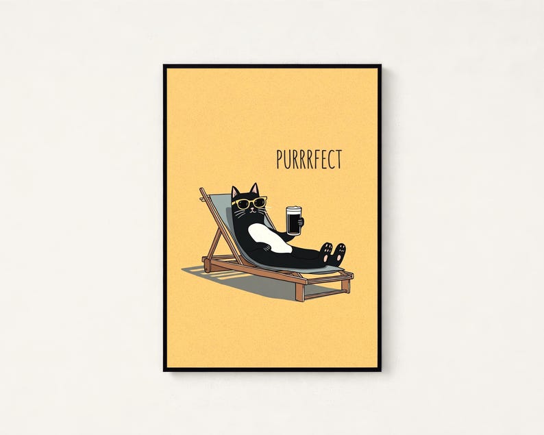 Purrfect Cat Print | Relaxing Beach Chair Wall Art | Funny Cat Minimalist Poster | Digital Download A3 A2 A1 image 1