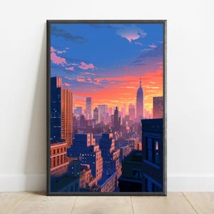 May include: A framed vertical art print depicting a New York City skyline at sunset. The scene features silhouetted buildings in deep blue and purple tones against a vibrant sky filled with orange, pink, and blue clouds, with a prominent skyscraper.