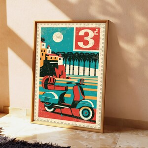 May include: A framed rectangular wall art print designed like a postage stamp featuring a teal and red scooter in the foreground. The background displays a coastal scene with yellow buildings, palm trees, a white sun, and the large red number 3.