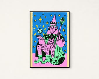 Pink Wizard with Magic Wand Pop Art Print | Colorful Spell Art | Quirky Fantasy Wall Decor | Digital Download A3 A2 A1