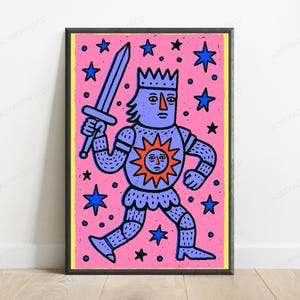 May include: A framed rectangular wall art print featuring a purple armored figure wearing a crown and holding a sword. The figure has a sun emblem on the chest and is surrounded by blue stars against a vibrant pink background with a yellow border.
