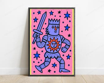 Cosmic King with Sword Pop Art Print | Retro Warrior Wall Art | Colorful Minimalist Decor | Digital Download A3 A2 A1