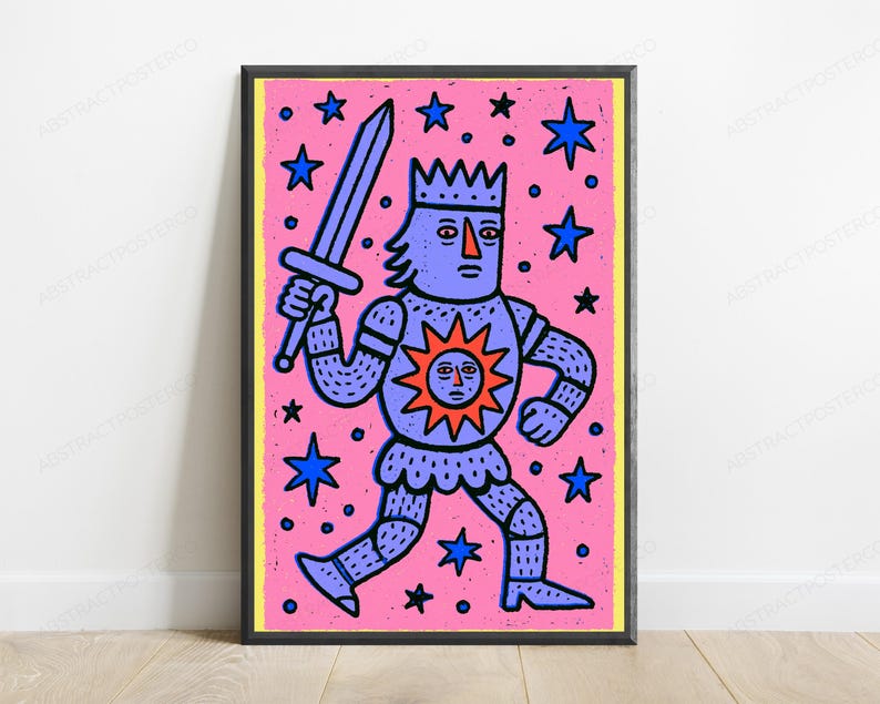 May include: A framed rectangular wall art print featuring a purple armored figure wearing a crown and holding a sword. The figure has a sun emblem on the chest and is surrounded by blue stars against a vibrant pink background with a yellow border.