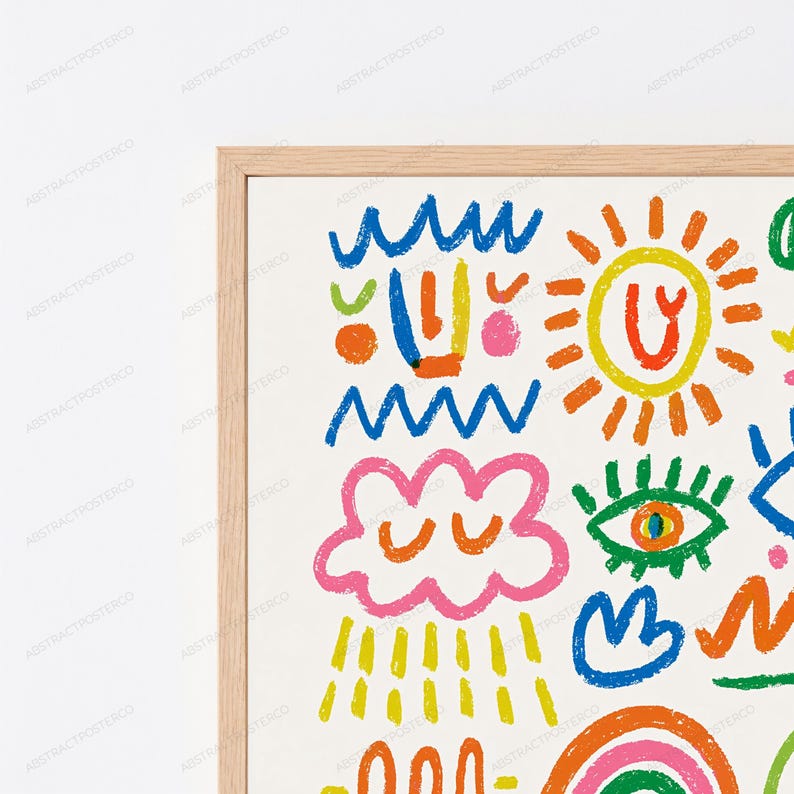 May include: A framed wall art print featuring a collection of colourful, hand-drawn style doodles on a light background. The artwork includes a yellow sun, a pink cloud with yellow rain, a green eye, blue waves, and various abstract shapes in bright colours.
