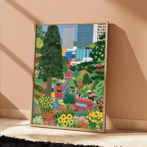 Urban Garden Street Scene Print | Colourful City Park Wall Art | Minimalist Landscape Decor | Digital Download A3 A2 A1 image 4