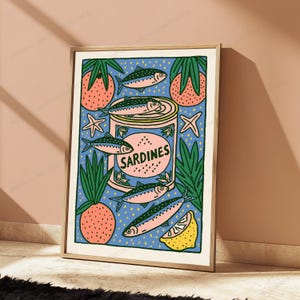 Impressão artística de sardinhas em lata | Decoração de parede retrô para cozinha | Arte minimalista para despensa | Download digital A3 A2 A1 imagem 5