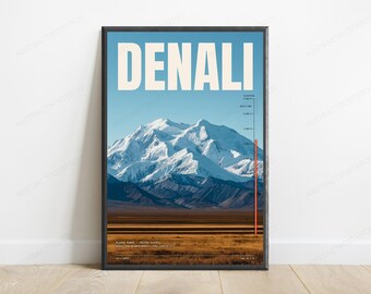 Denali Mountain Elevation Print | Alaska Travel Poster | Minimalist Landscape Wall Art