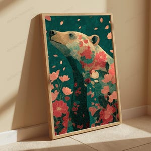 May include: A framed vertical wall art print featuring a stylized bear in profile, colored in shades of cream and tan, integrated with a vibrant pattern of red and pink flowers against a deep teal background with scattered petals.