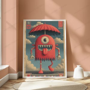 May include: A framed vertical poster featuring a red, one-eyed monster with sharp teeth and a protruding tongue, standing under a red umbrella against a blue sky with clouds. The artwork includes decorative borders with small graphic icons.