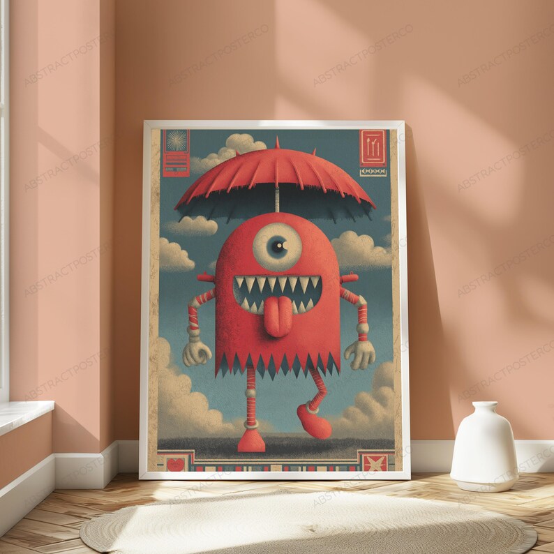 May include: A framed vertical poster featuring a red, one-eyed monster with sharp teeth and a protruding tongue, standing under a red umbrella against a blue sky with clouds. The artwork includes decorative borders with small graphic icons.