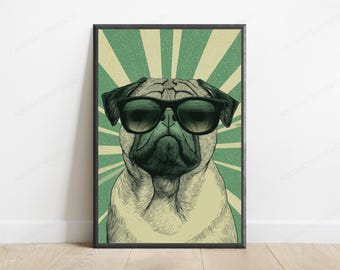 Cool Pug Sunglasses Print | Retro Pop Art Portrait | Minimalist Animal Wall Art | Digital Download A3 A2 A1
