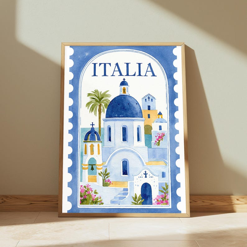 Coastal Italia Architecture Print | Mediterranean Postage Stamp Art | Minimalist Travel Wall Decor | Digital Download A3 A2 A1 image 5