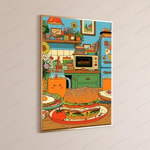 Pode incluir: Uma ilustra&ccedil;&atilde;o colorida de uma cena de cozinha com um grande cheeseburger num prato, um copo de sumo de laranja com uma cara, um ovo estrelado e um tomate. O fundo mostra um frigor&iacute;fico azul, um micro-ondas e prateleiras com plantas.