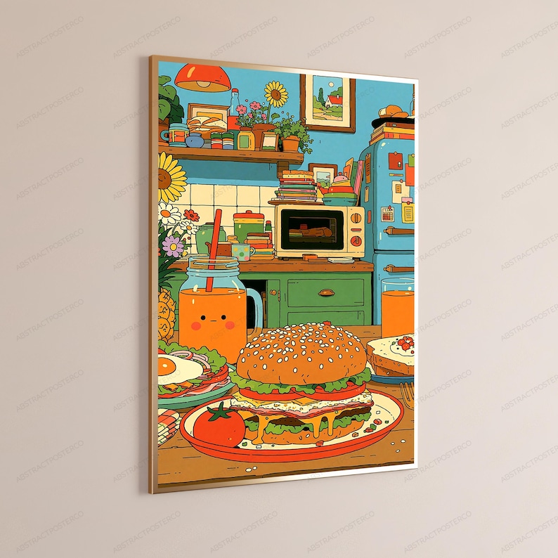 Pode incluir: Uma ilustra&ccedil;&atilde;o colorida de uma cena de cozinha com um grande cheeseburger num prato, um copo de sumo de laranja com uma cara, um ovo estrelado e um tomate. O fundo mostra um frigor&iacute;fico azul, um micro-ondas e prateleiras com plantas.