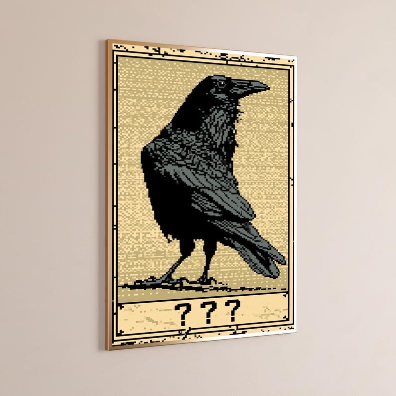 May include: A rectangular wall art print featuring a pixel art style illustration of a black raven standing in profile. The background is a textured beige color with a dark border. Below the bird, the text ??? is displayed in black pixelated font.