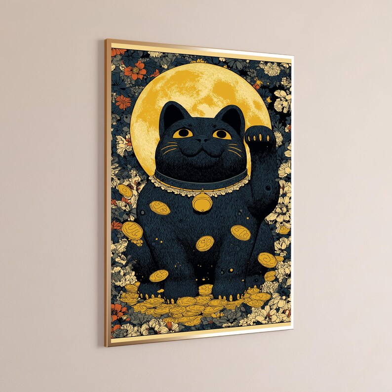 May include: A framed wall art print featuring a black beckoning cat centered against a large yellow moon. The cat wears a collar with a bell, surrounded by floating gold coins and a dense background of orange and white floral patterns.