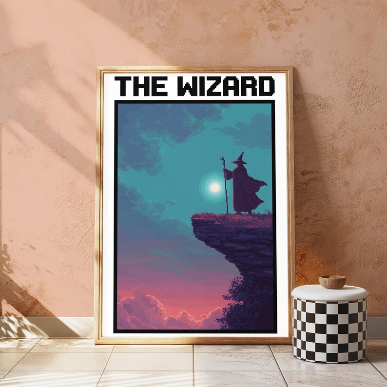 Wizard on Cliff Pixel Art Print | Dark Fantasy Landscape | Mystical Wall Art Decor | Digital Download A3 A2 A1 image 5