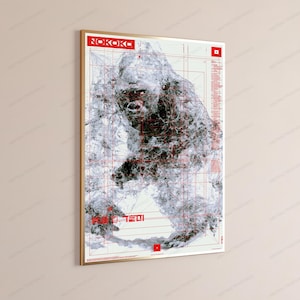 May include: A rectangular wall poster featuring a black and white sketch of a gorilla overlaid with thin red grid lines and geometric patterns. The text NOKOKO appears in a red box at the top, with additional red text and symbols at the bottom.
